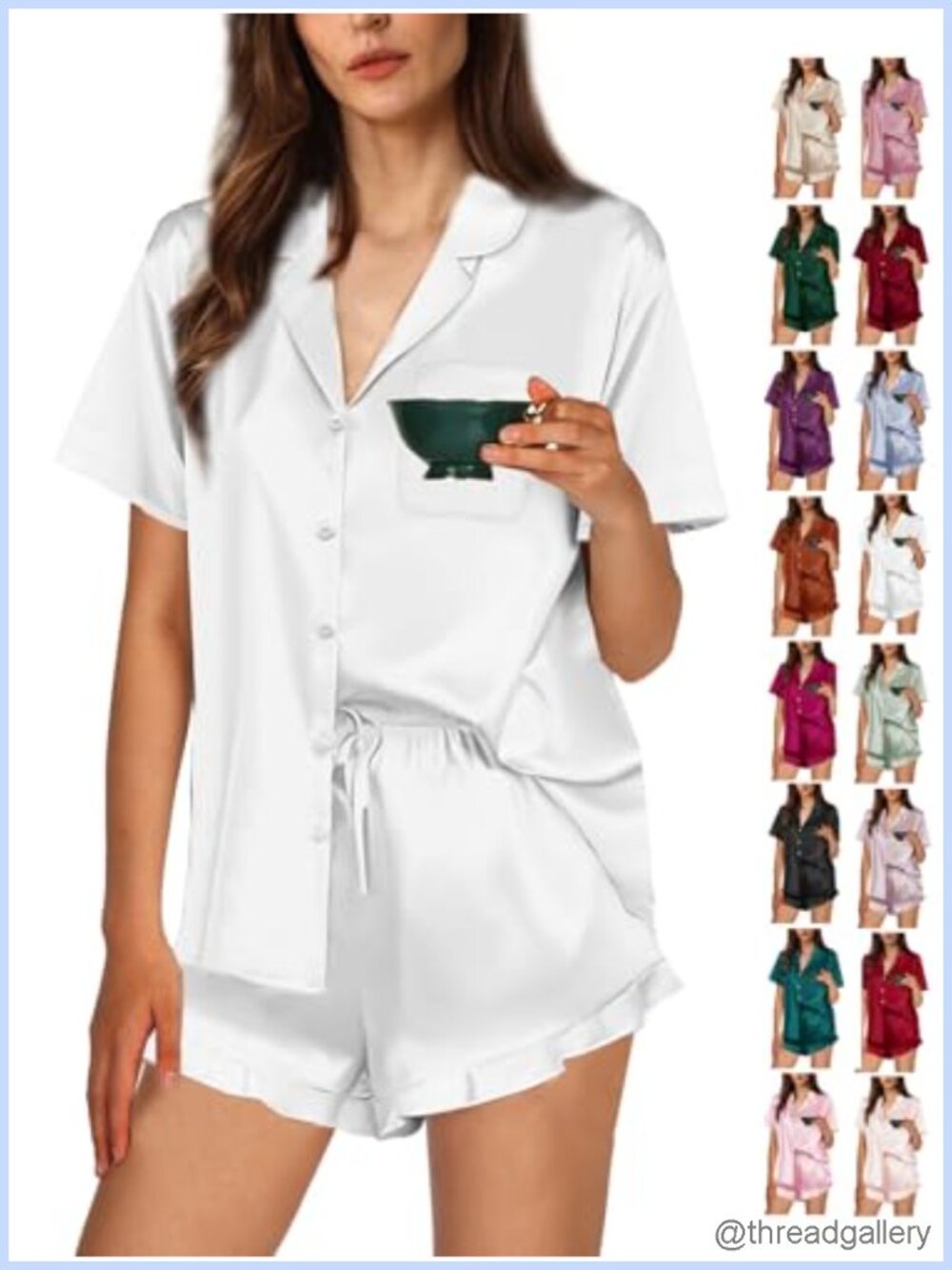 Women's Silk Satin Ruffle Pajama Set Short Sleeve Button Top Drawstring Shorts